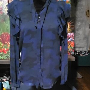 Banana Republic Blue Patterned Ruffle Blouse